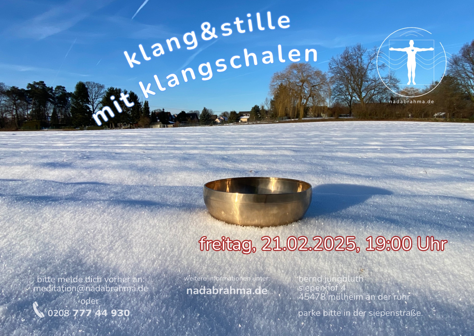 Die nächste Gongmeditation findet zum angegebenen Datum, in meinem Atelier, Siepenhof 4, 45478 Mülheim an der Ruhr, statt.